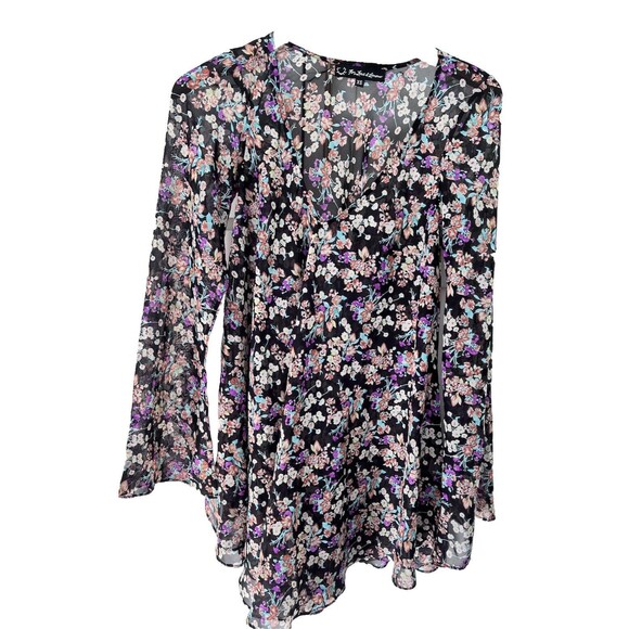 For Love & Lemons Day Tripper Dress Tunic Floral Blouse Black Hippy Boho Sz XS - Picture 2 of 7